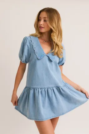 PUFF SLEEVE COLLARED DENIM DRESS