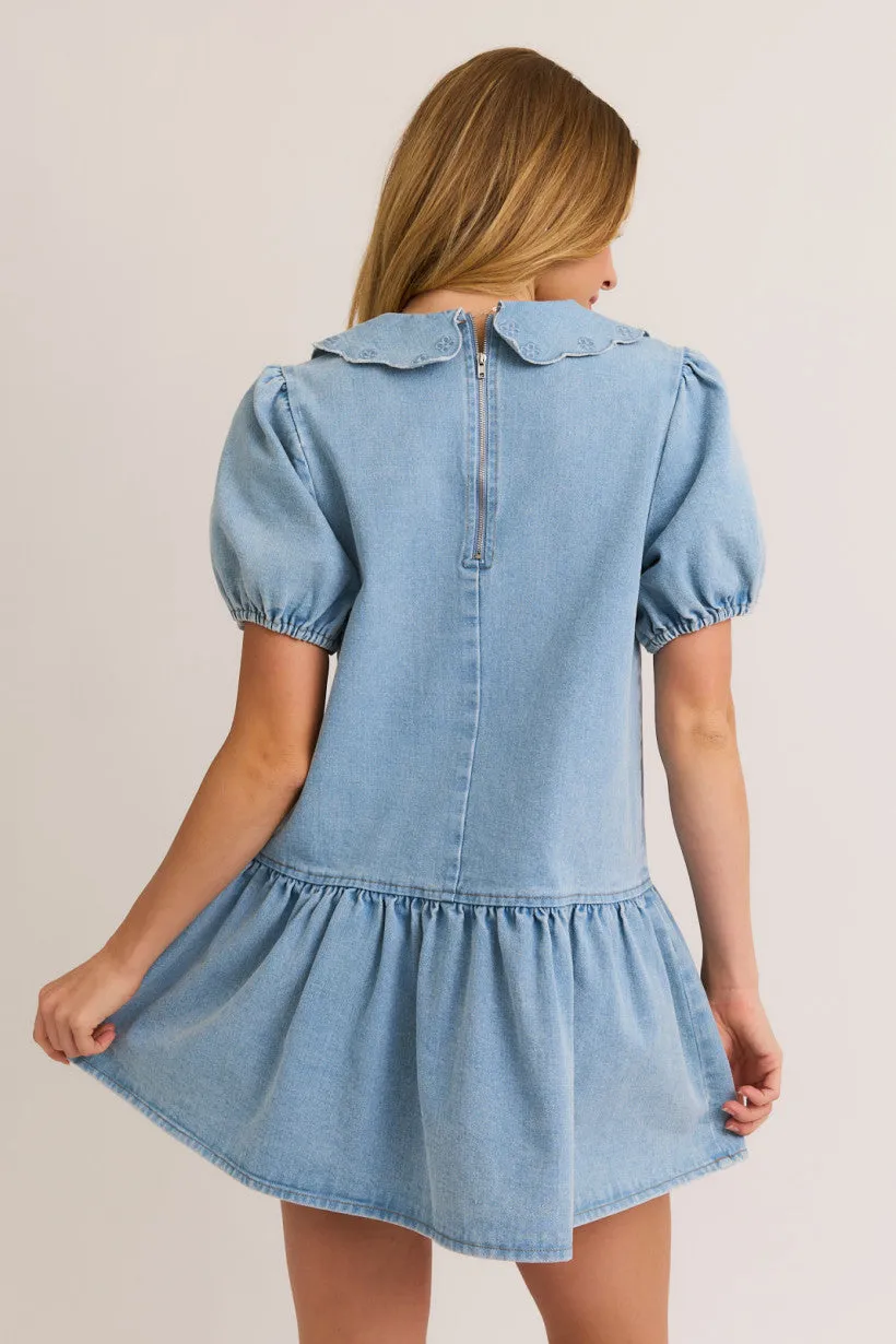 PUFF SLEEVE COLLARED DENIM DRESS