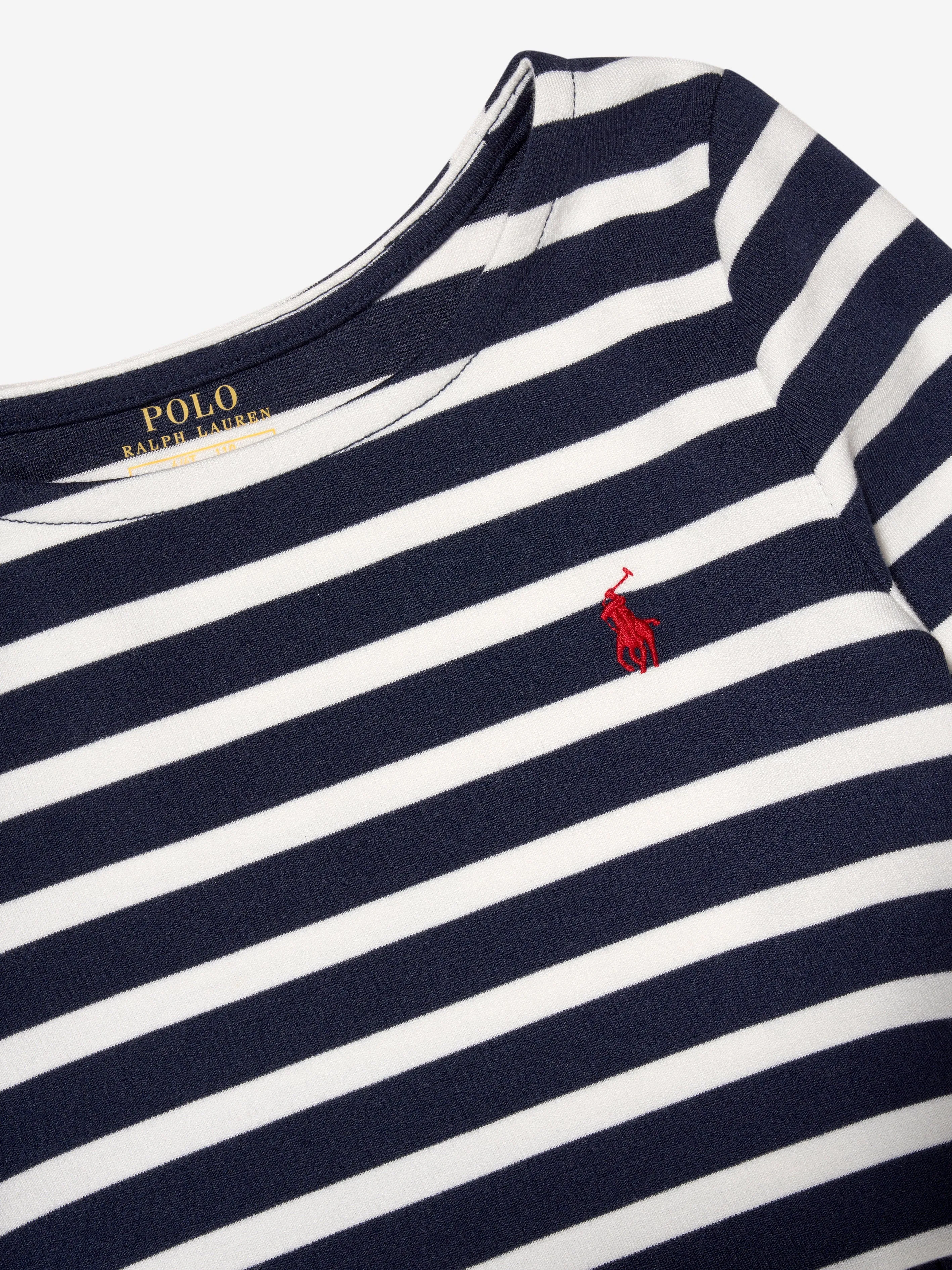 Ralph Lauren Girls Long Sleeve Striped Dress in Navy