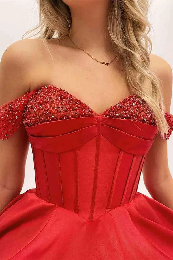 Red A-line Beaded Off-the-Shoulder Long Prom Dresses, Evening Dresses, SP905