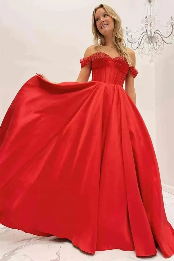 Red A-line Beaded Off-the-Shoulder Long Prom Dresses, Evening Dresses, SP905