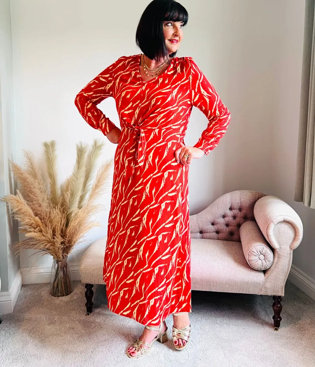 Red Tie Waist Midi Dress