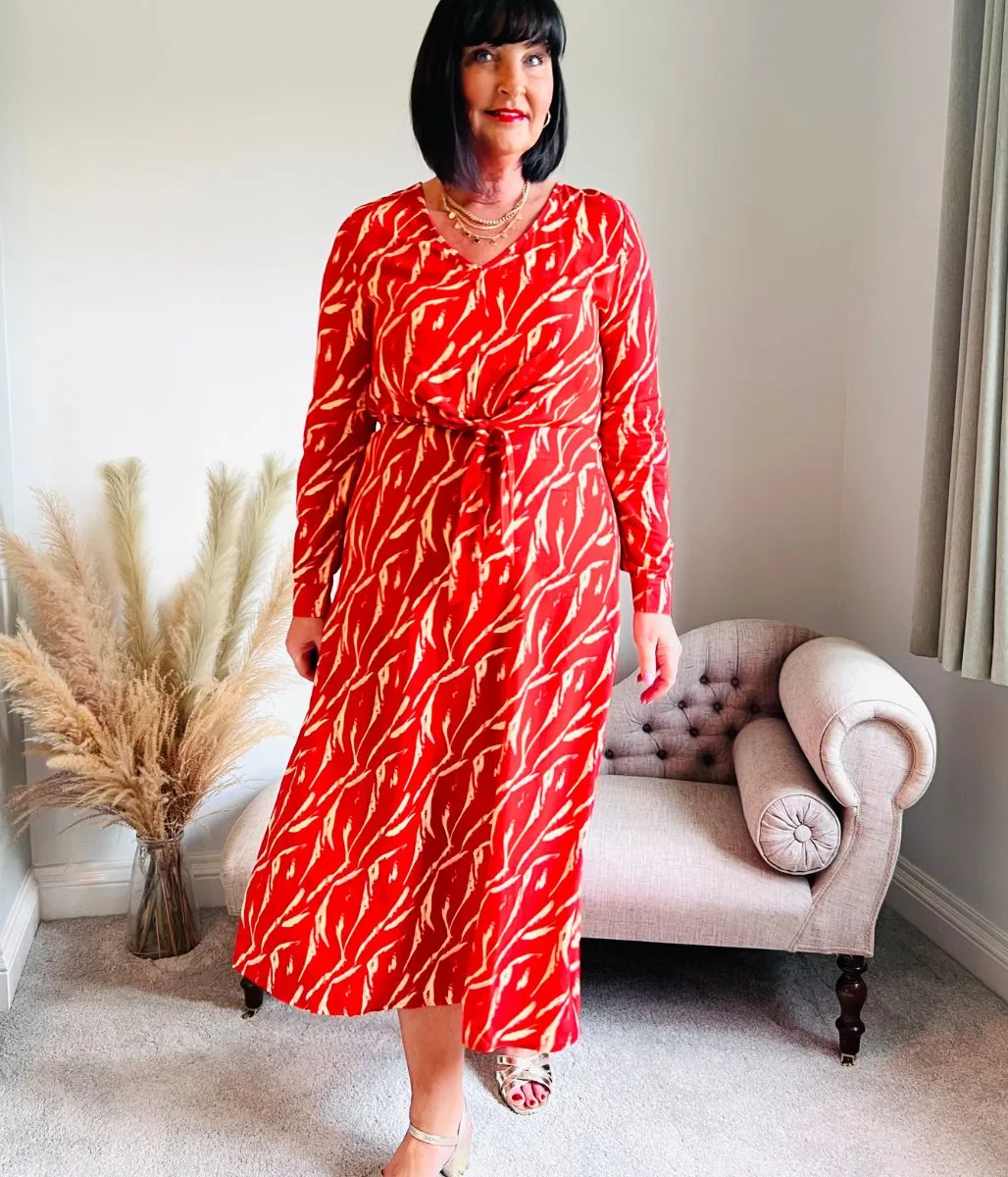 Red Tie Waist Midi Dress