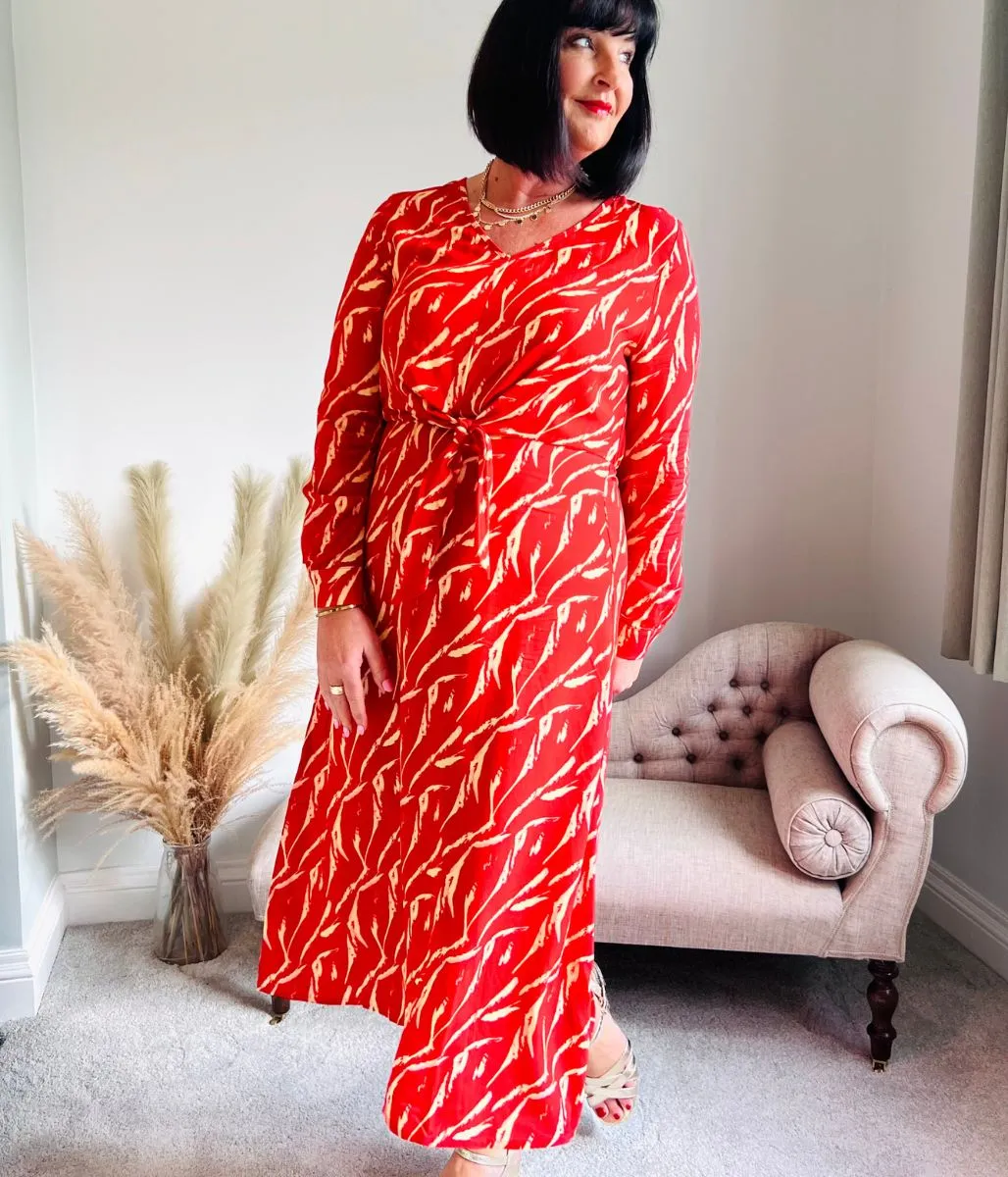 Red Tie Waist Midi Dress