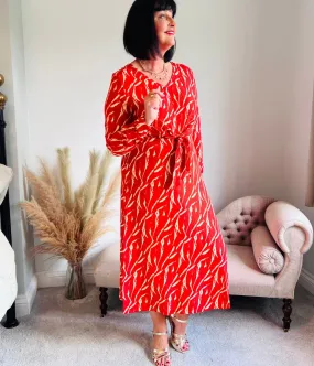 Red Tie Waist Midi Dress
