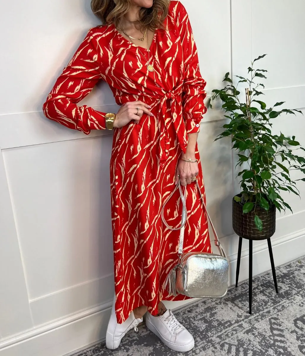 Red Tie Waist Midi Dress