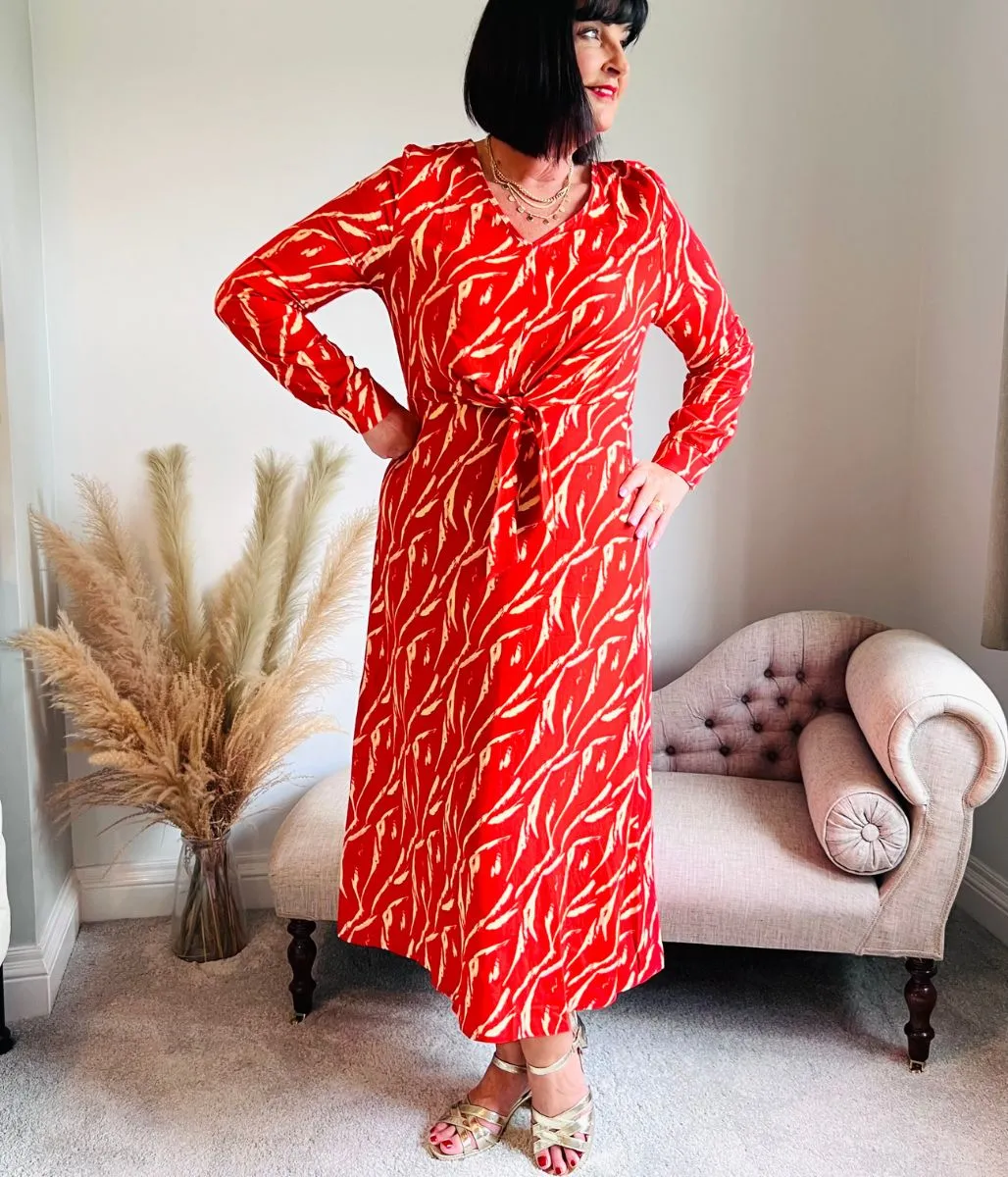 Red Tie Waist Midi Dress