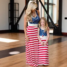 Sale！Polka Dot Stitching Stripe Dresses for Mommy and Me  in Dark Blue
