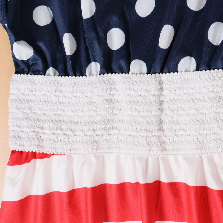 Sale！Polka Dot Stitching Stripe Dresses for Mommy and Me  in Dark Blue