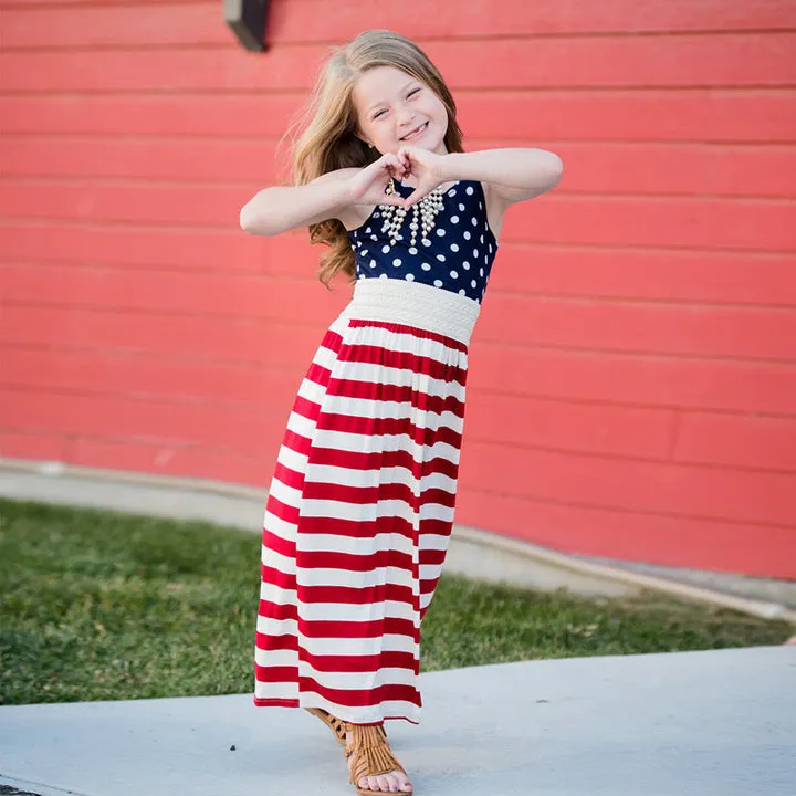 Sale！Polka Dot Stitching Stripe Dresses for Mommy and Me  in Dark Blue