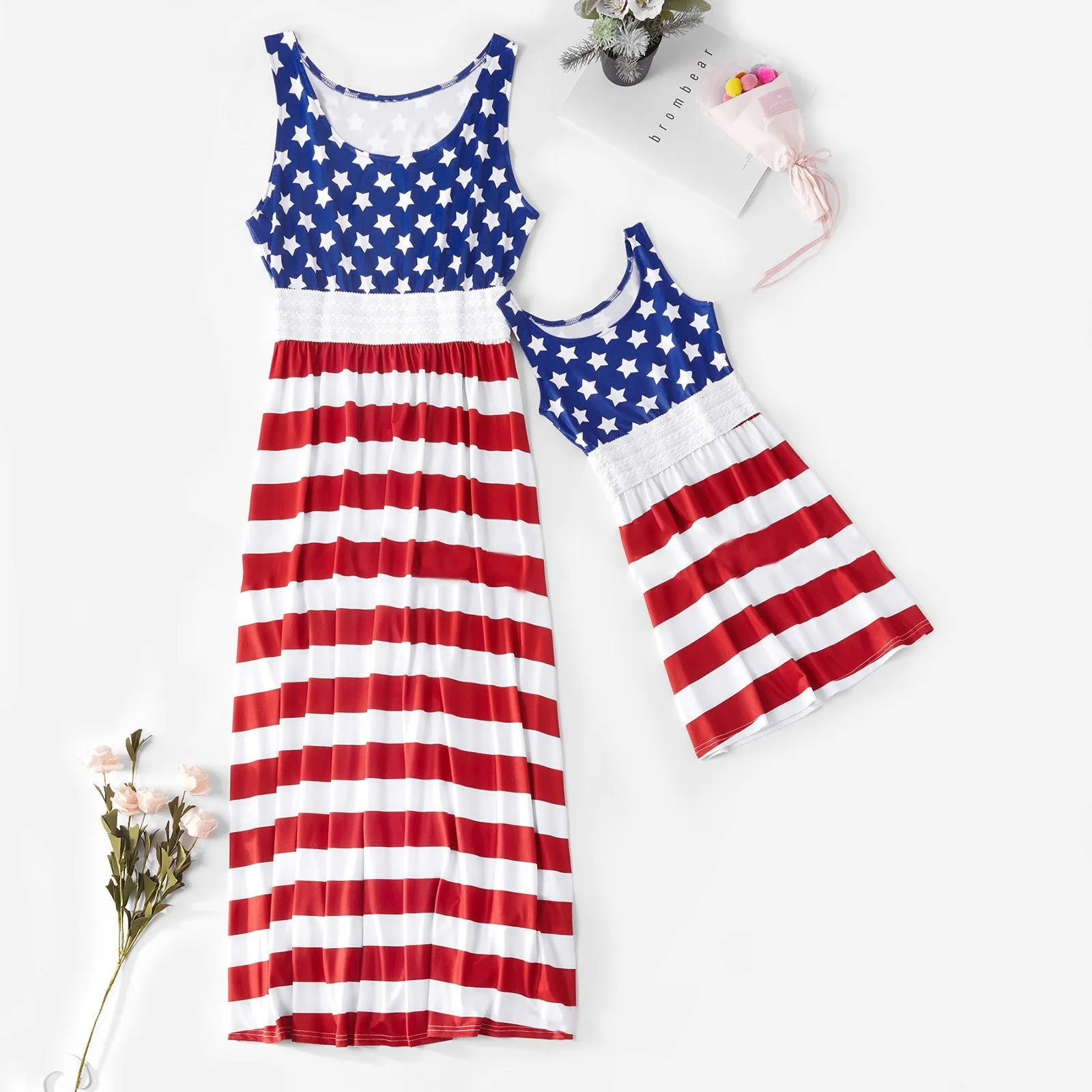 Sale！Polka Dot Stitching Stripe Dresses for Mommy and Me  in Dark Blue