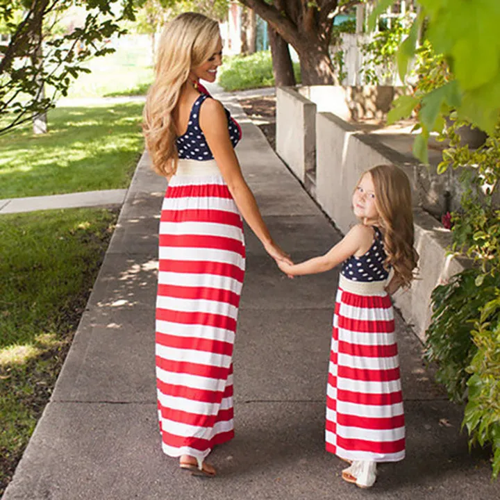 Sale！Polka Dot Stitching Stripe Dresses for Mommy and Me  in Dark Blue