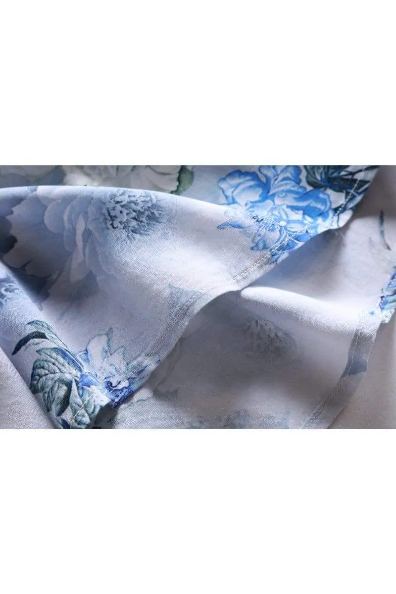 Scoop Neck with Blooming Blue and Purple Flower Bell Sleeve Top