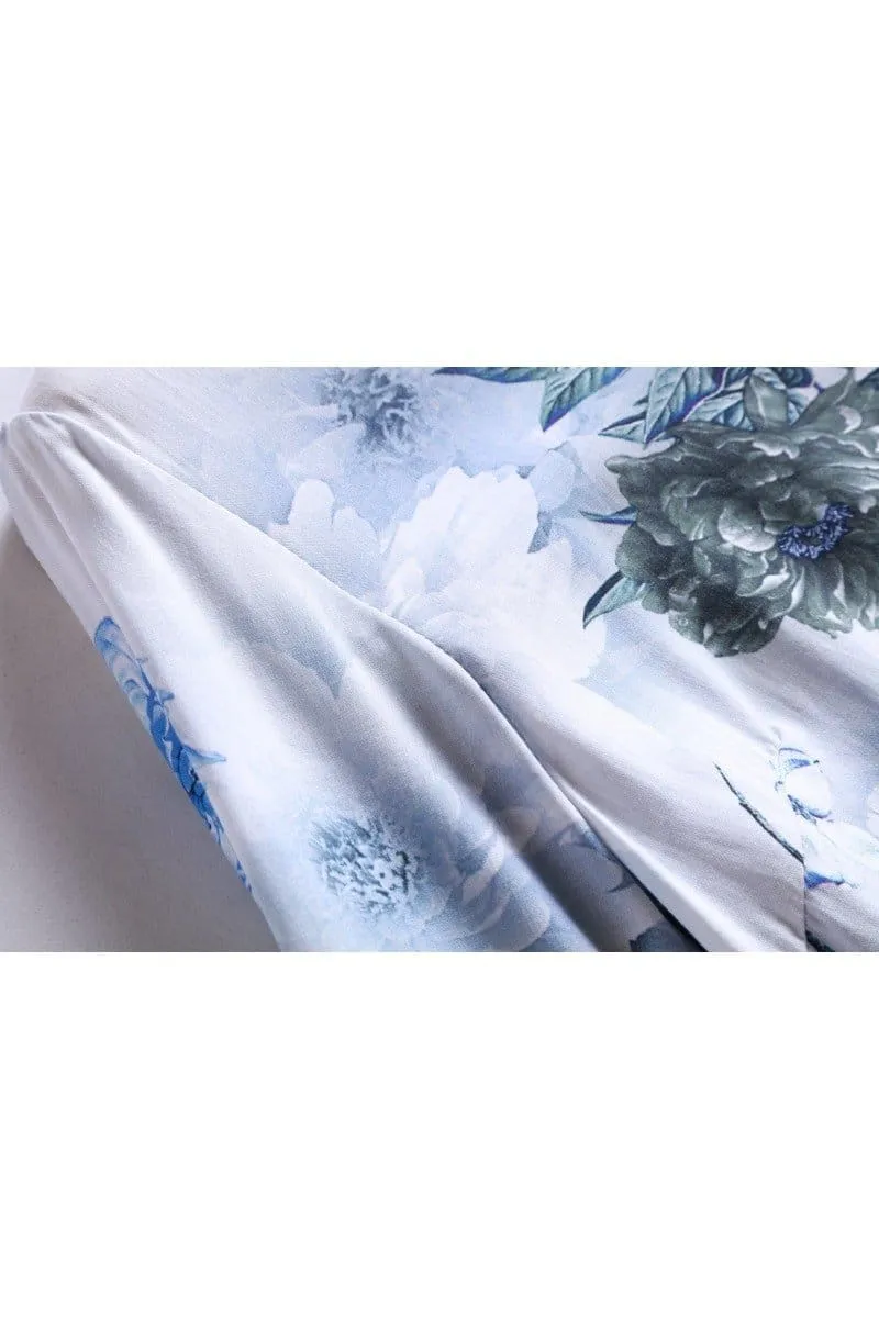 Scoop Neck with Blooming Blue and Purple Flower Bell Sleeve Top