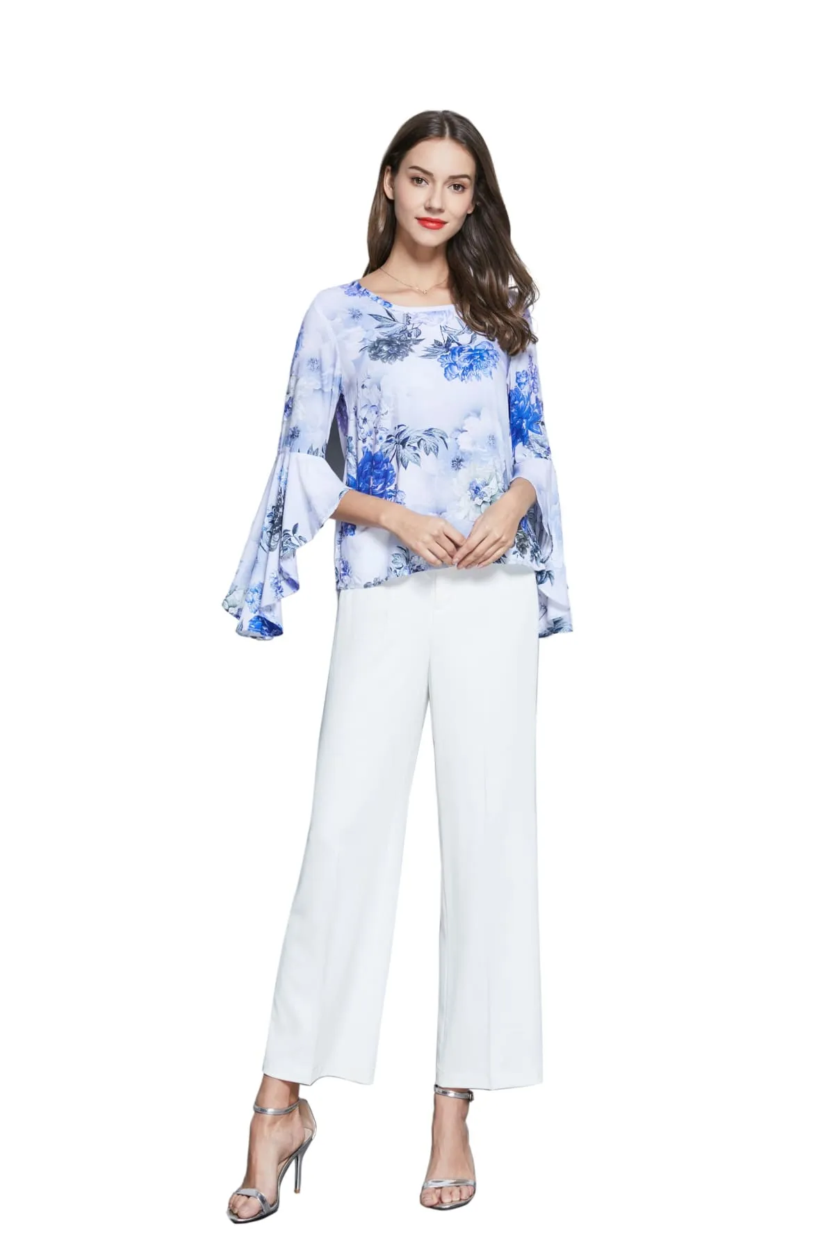 Scoop Neck with Blooming Blue and Purple Flower Bell Sleeve Top