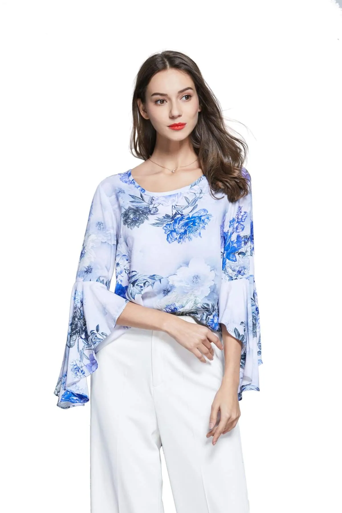 Scoop Neck with Blooming Blue and Purple Flower Bell Sleeve Top