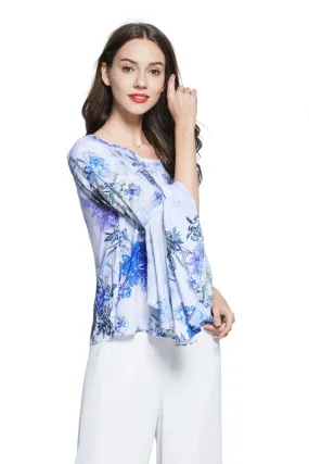 Scoop Neck with Blooming Blue and Purple Flower Bell Sleeve Top