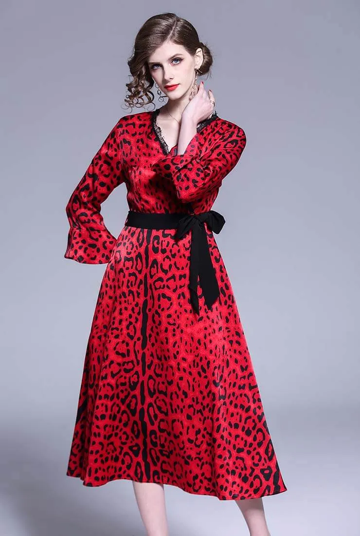 Sexy V-neck Flared Leopard Print Maxi Dress