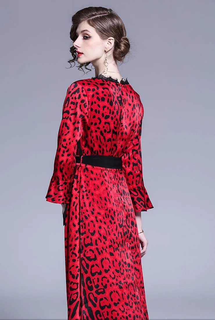 Sexy V-neck Flared Leopard Print Maxi Dress