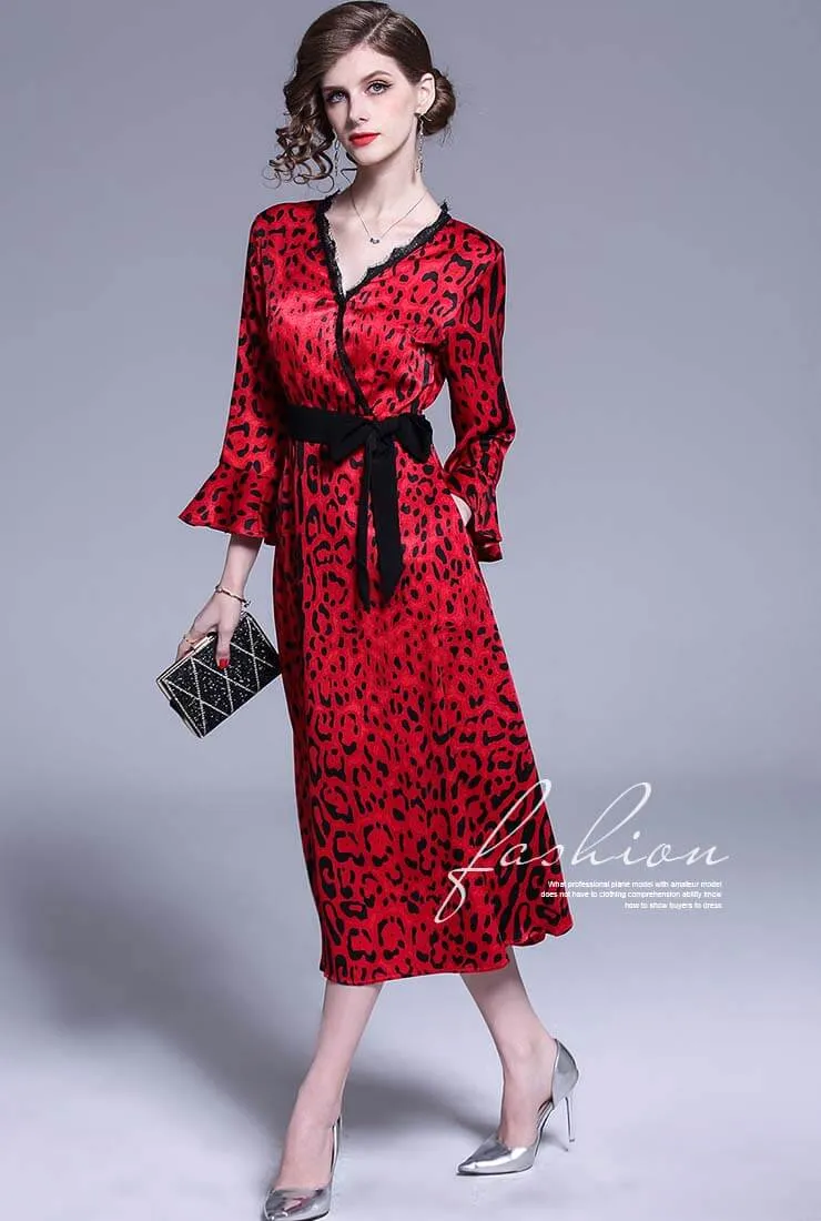 Sexy V-neck Flared Leopard Print Maxi Dress