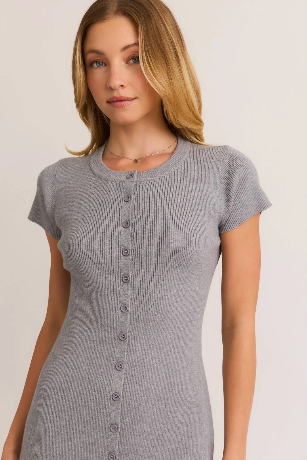 SHORT SLEEVE CREW NECK RIBBED SWEATER MINI DRESS