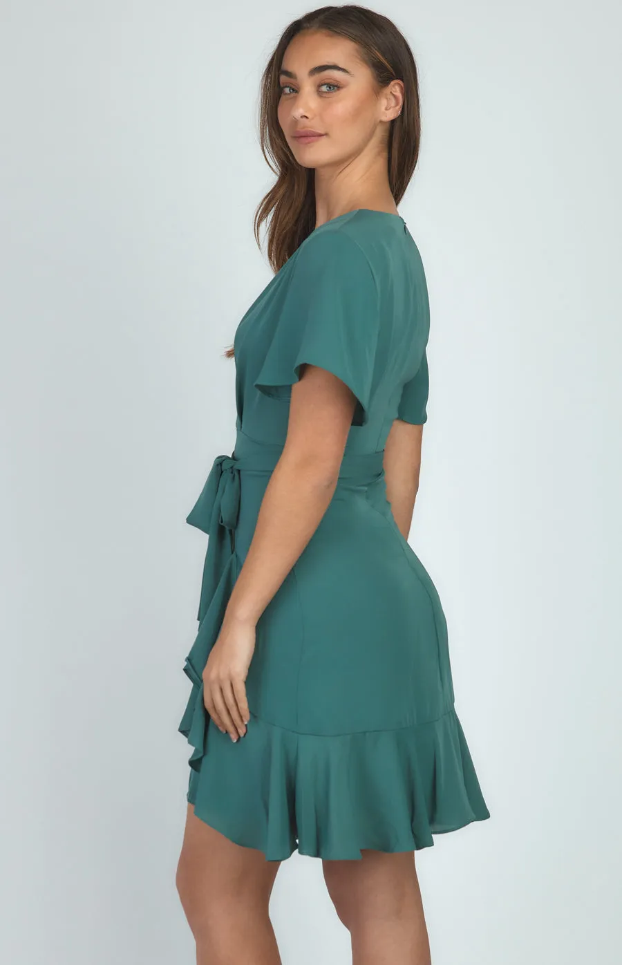 Short Sleeve Dress With Pleated Front And Ruffle Detail