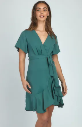 Short Sleeve Dress With Pleated Front And Ruffle Detail