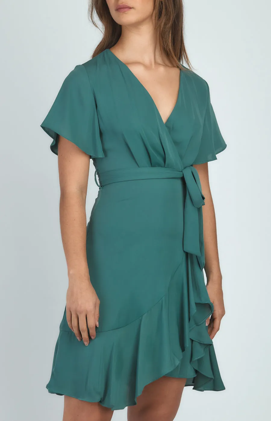 Short Sleeve Dress With Pleated Front And Ruffle Detail