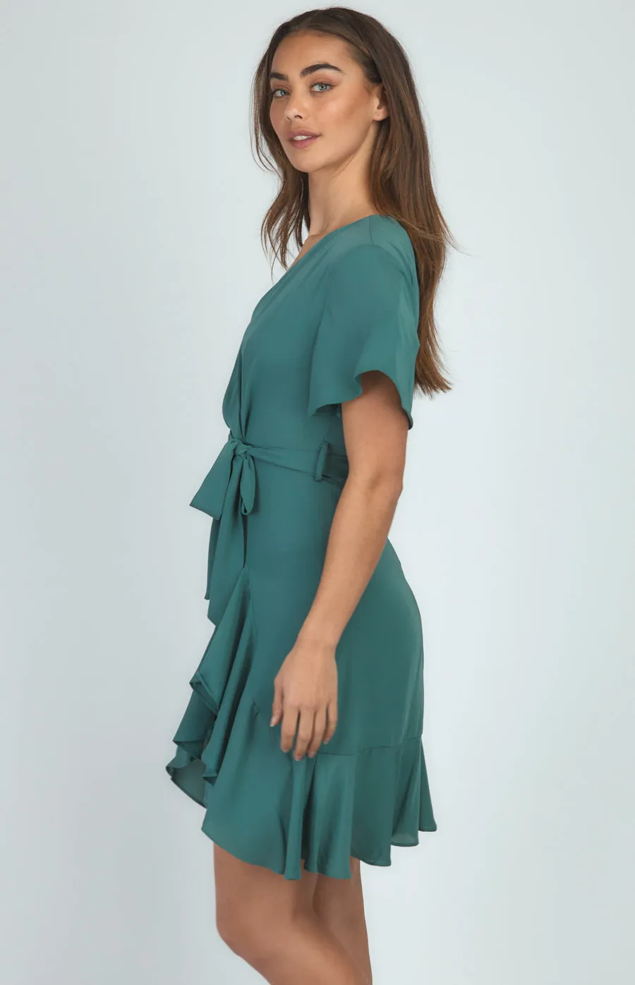 Short Sleeve Dress With Pleated Front And Ruffle Detail
