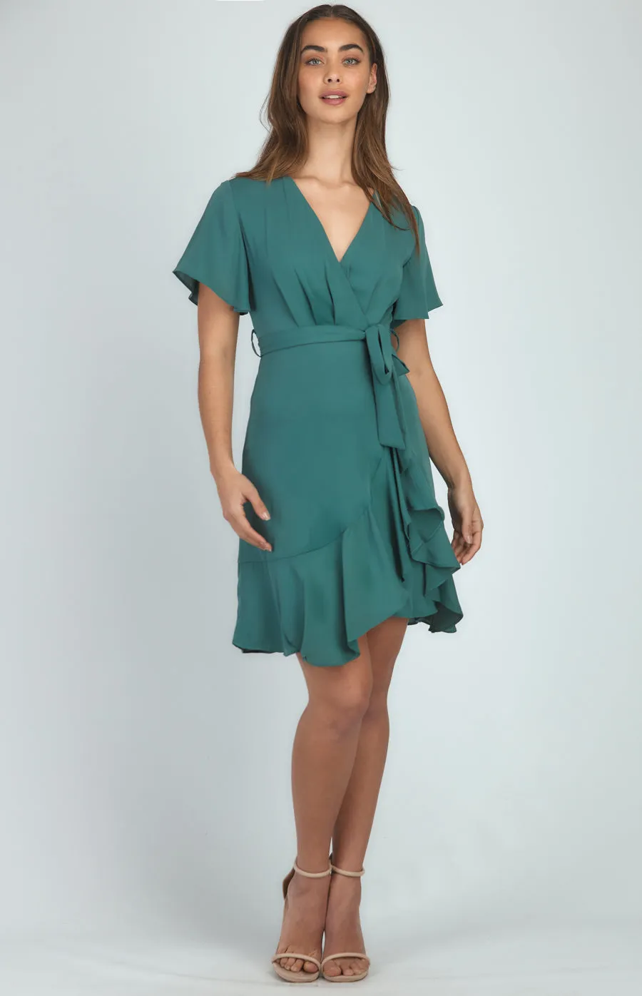 Short Sleeve Dress With Pleated Front And Ruffle Detail