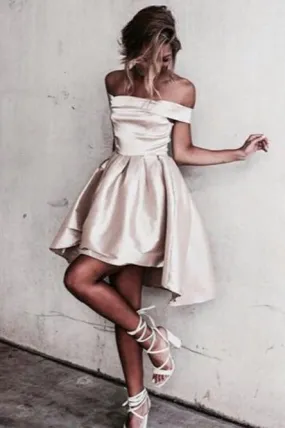 Simple A-Line Off the Shoulder High Low Satin Sleeveless Homecoming Dress PFH0036