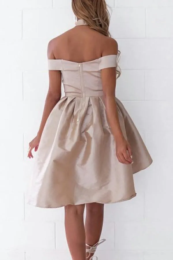 Simple A-Line Off the Shoulder High Low Satin Sleeveless Homecoming Dress PFH0036