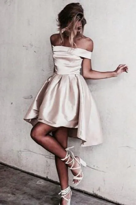 Simple A-Line Off the Shoulder High Low Satin Sleeveless Homecoming Dress PFH0036