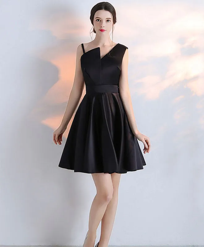 Simple Black Satin Short Prom Dress, Homecoming Dress