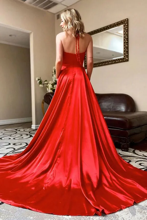 Simple Red Satin A-line V-neck Prom Dress With High Slit, Evening Dresses, SP793