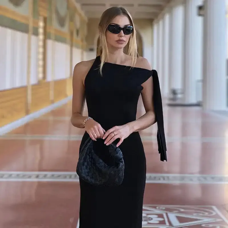 Simple slant neck strap dress