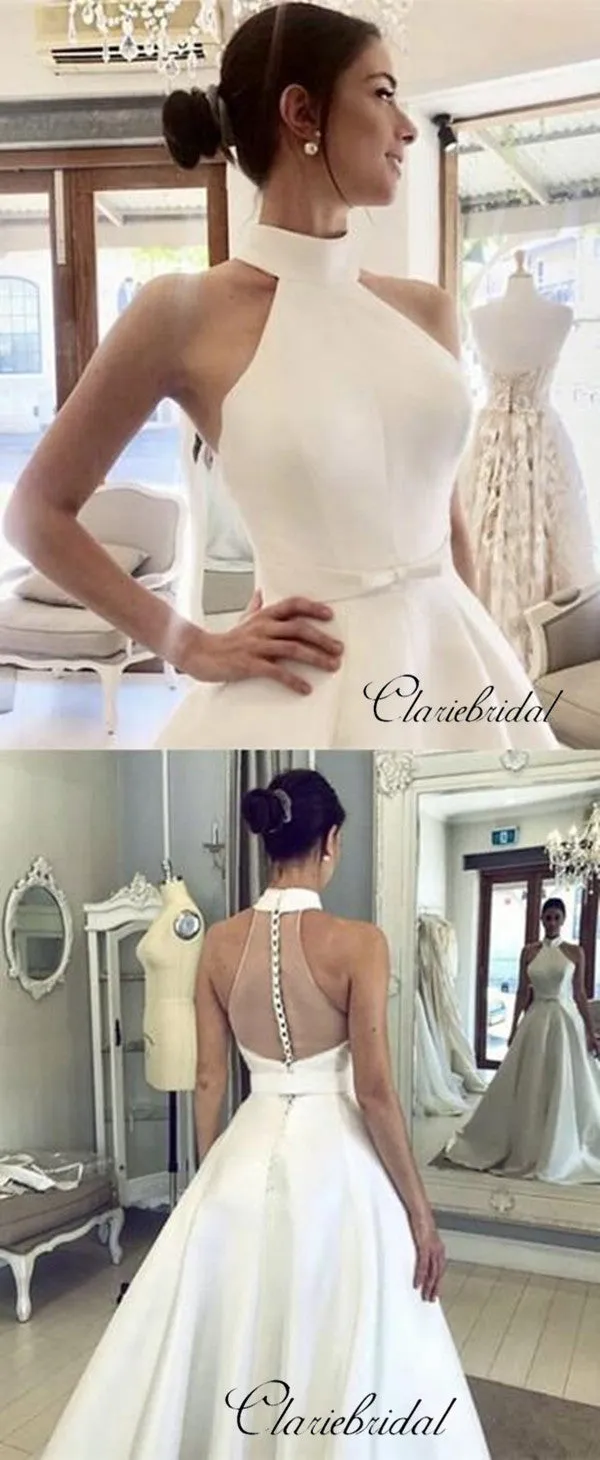 Sleeveless Halter Satin Wedding Dresses, A-line Satin Trendy Wedding Dresses
