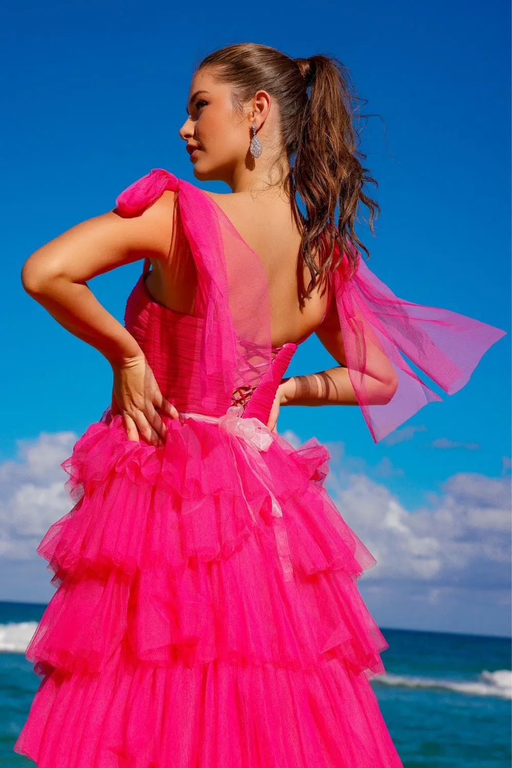 Sleeveless Tiered Ruffled Slit Gown by Amelia Couture 6125
