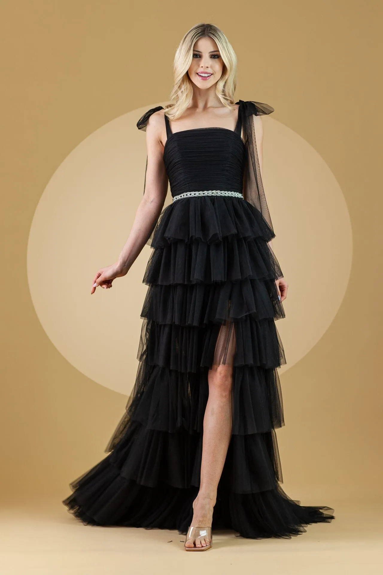 Sleeveless Tiered Ruffled Slit Gown by Amelia Couture 6125