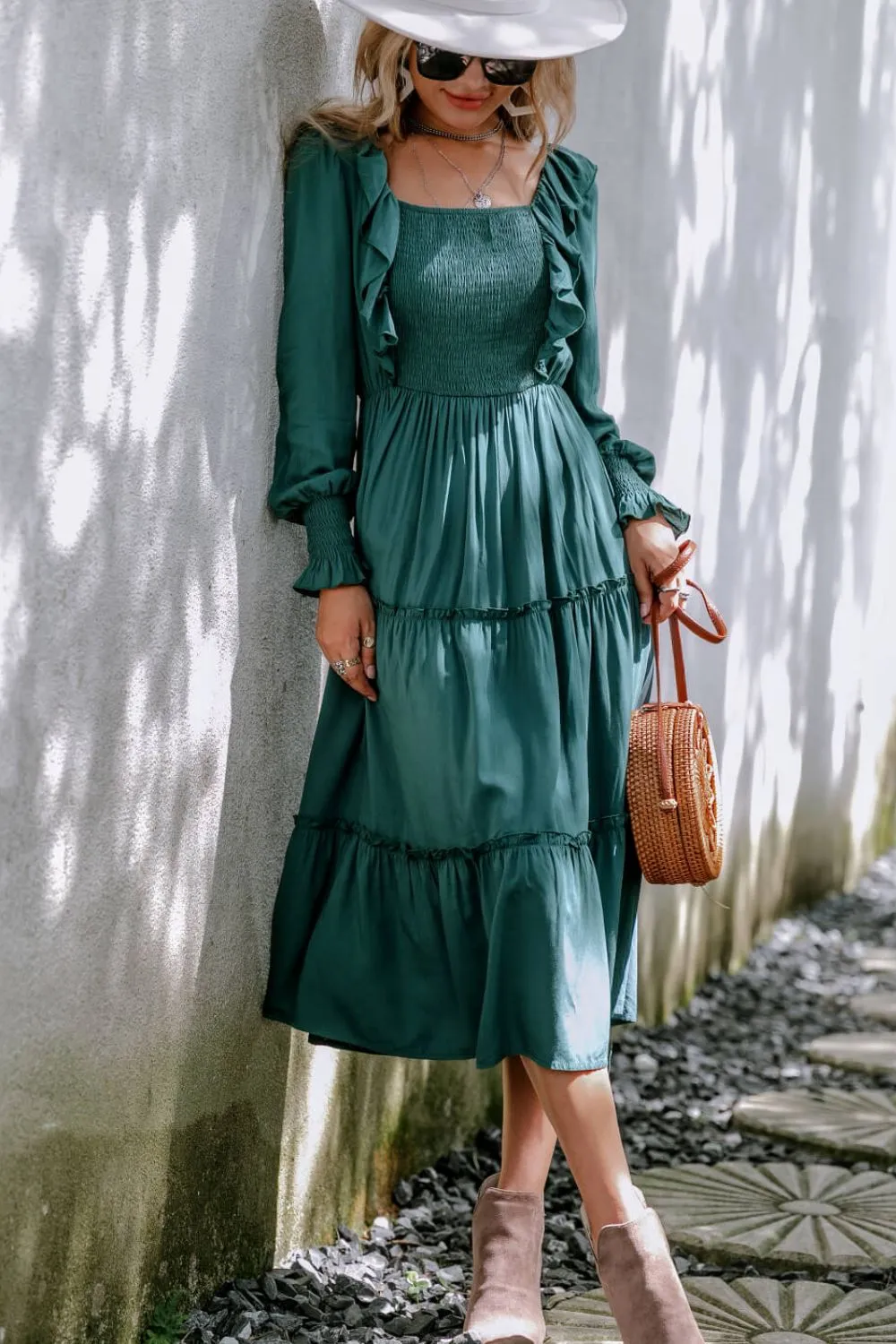 Smocked Square Neck Ruffle Trim Tiered Dress