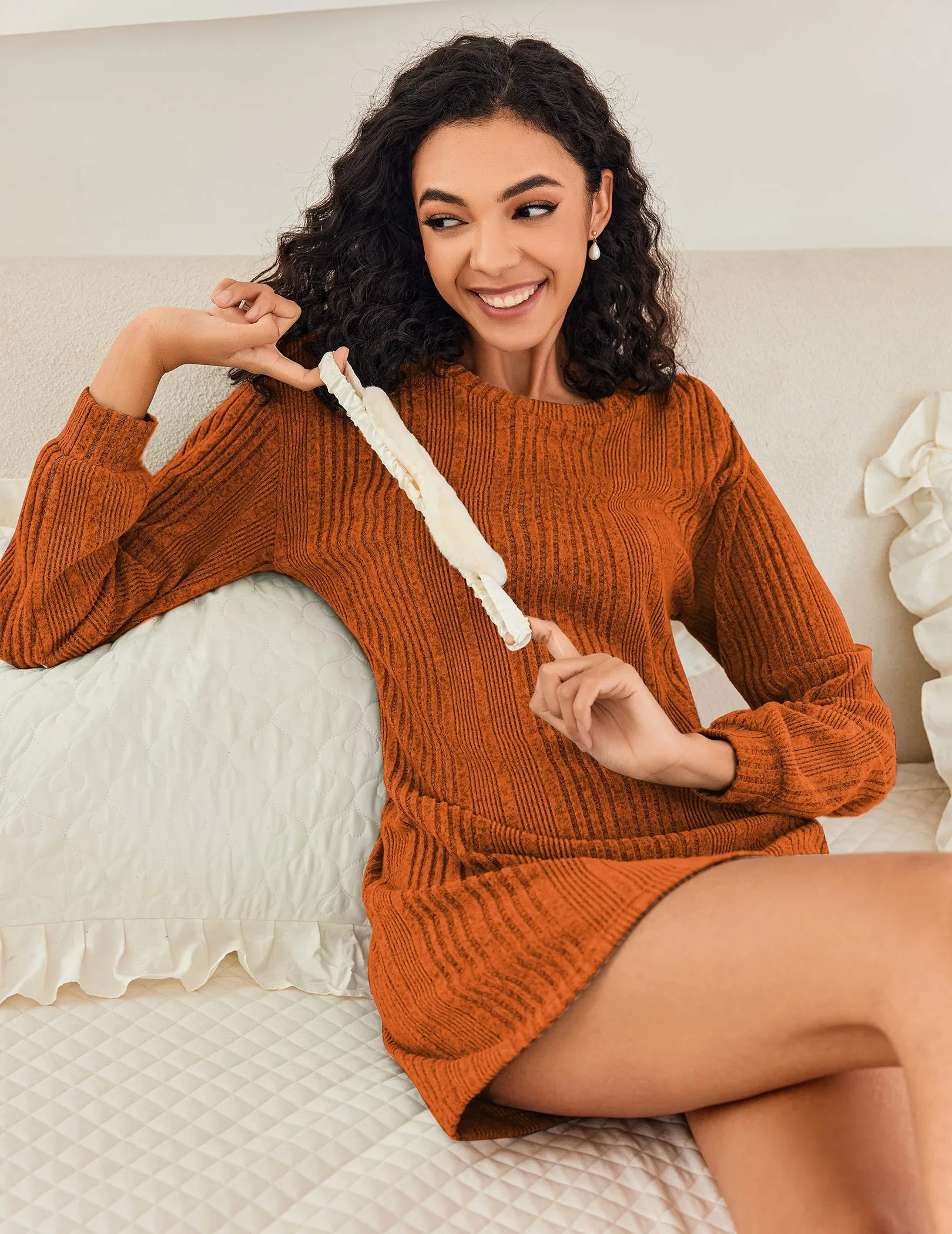Soft Ribbed Knit Long Sleeve Nightgowns (US Only)