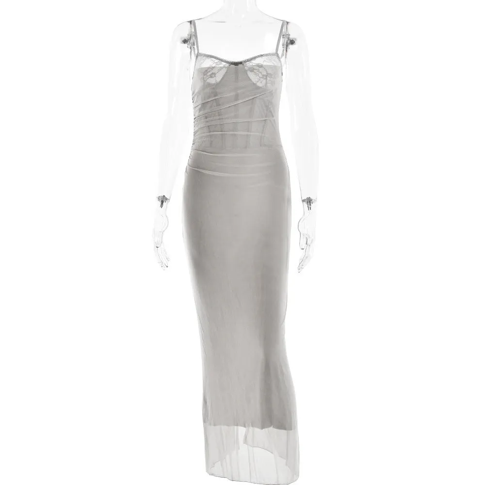 Strap Tube Top Mesh Long Dress