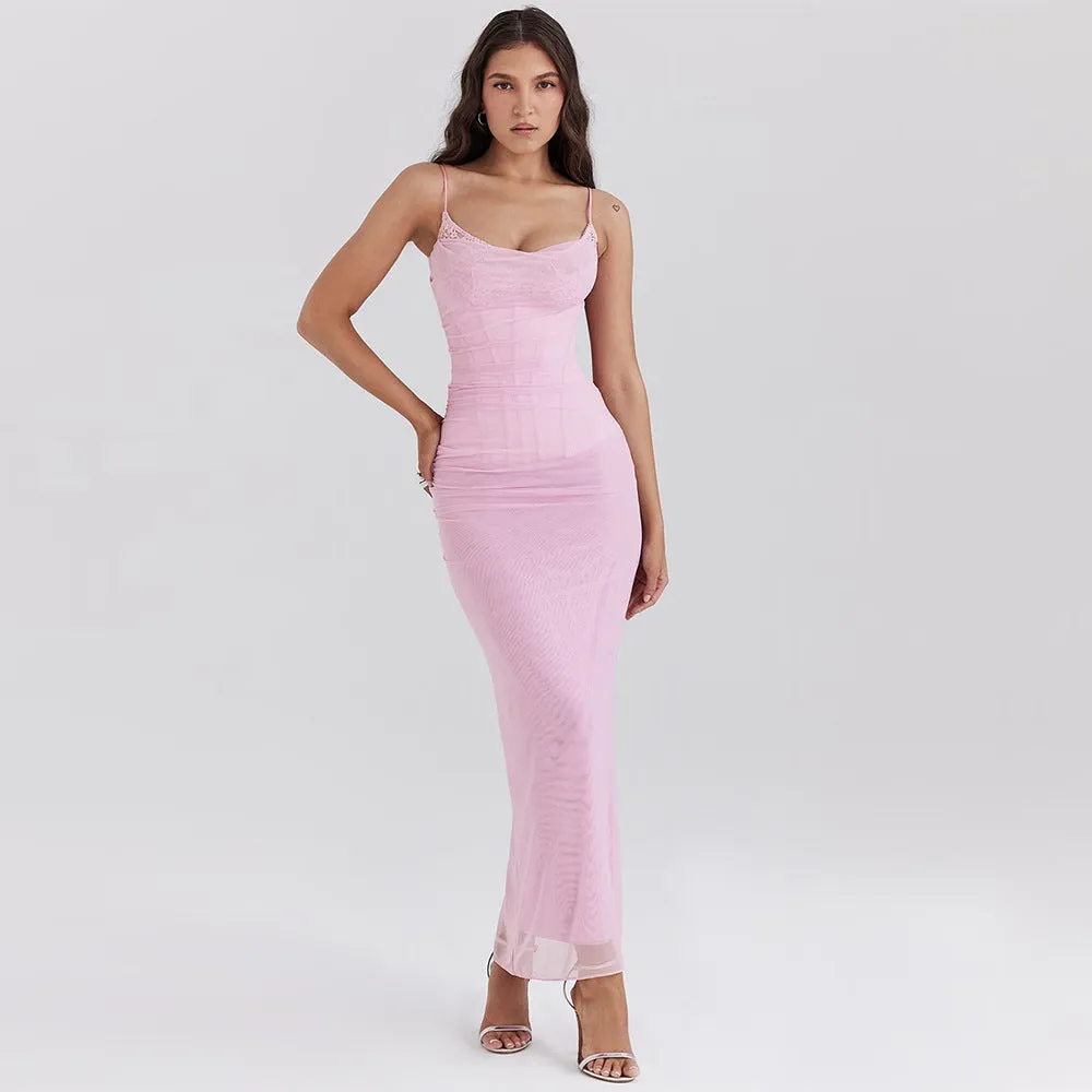 Strap Tube Top Mesh Long Dress