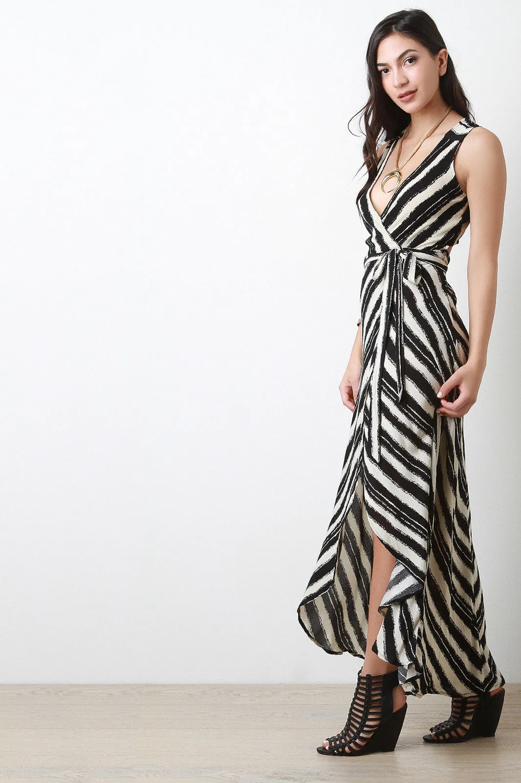 Striped Deep V Neck Wrap Dress