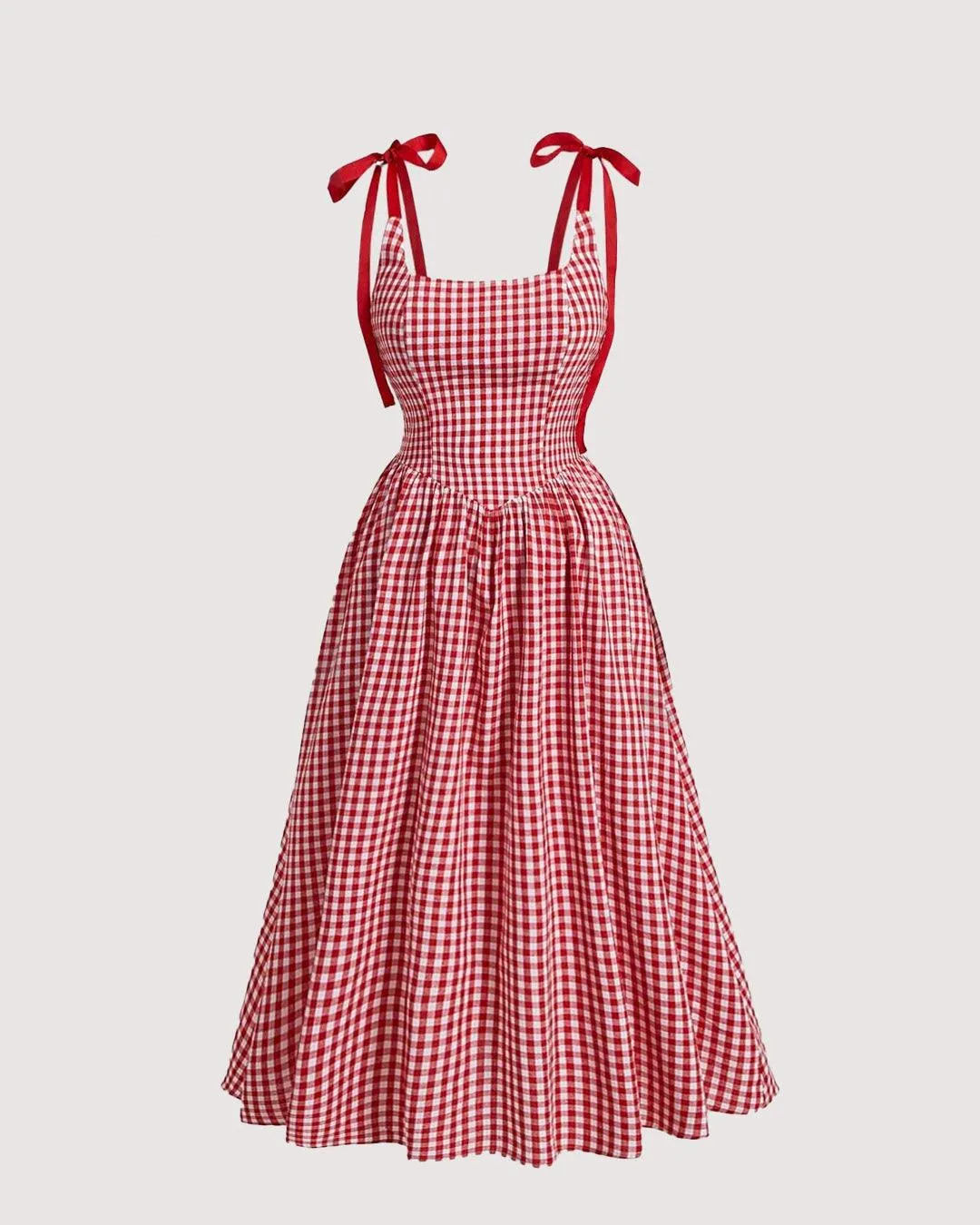Summer Elegant Grid Shoulder Tie Red Cami Dress