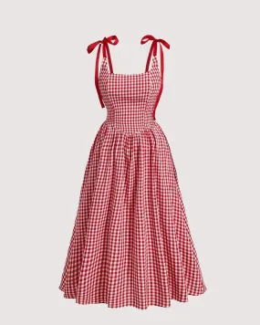 Summer Elegant Grid Shoulder Tie Red Cami Dress