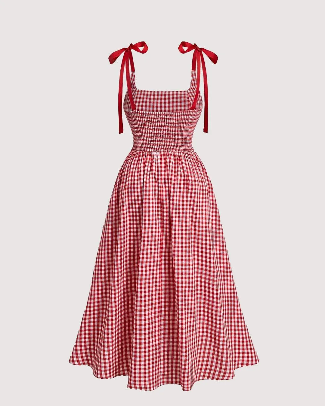 Summer Elegant Grid Shoulder Tie Red Cami Dress