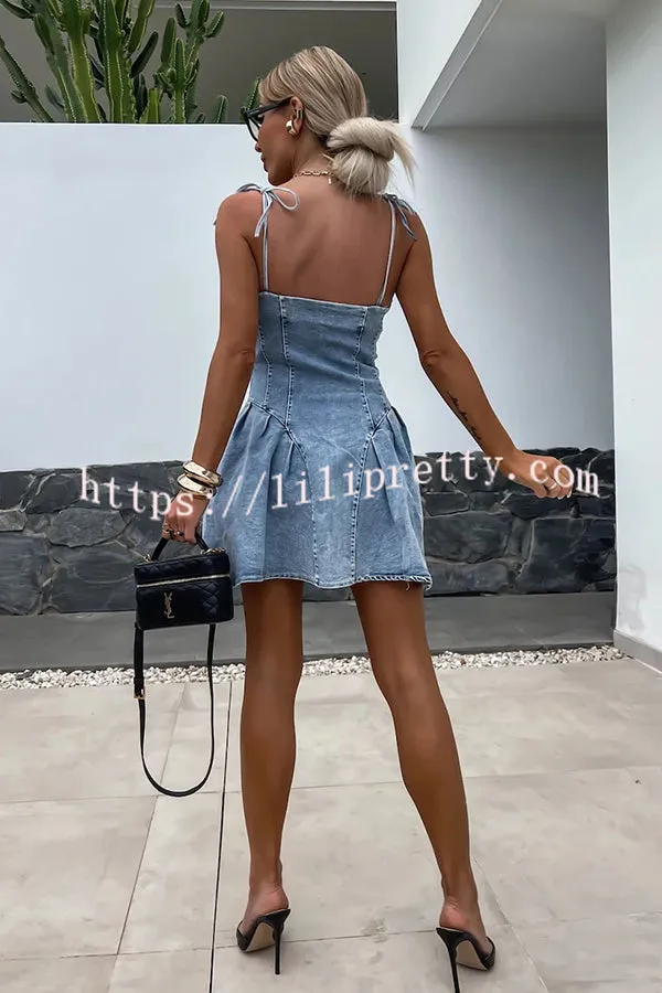 Sweet and Unique Washed Denim Center Front Zipper Stretch Mini Dress
