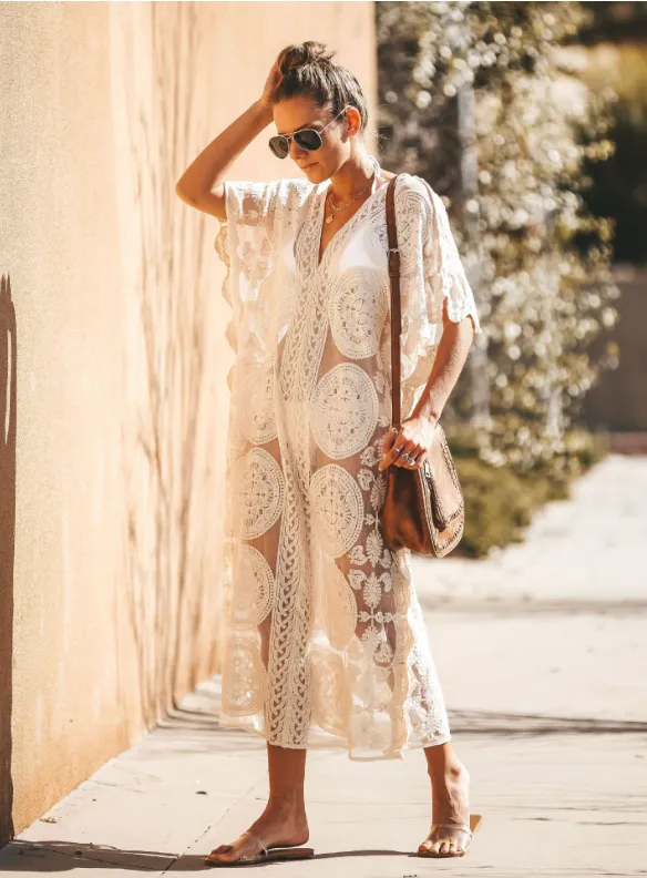 TastyHottie - Unique Lace Split V-neck Maxi Cover-up Dress