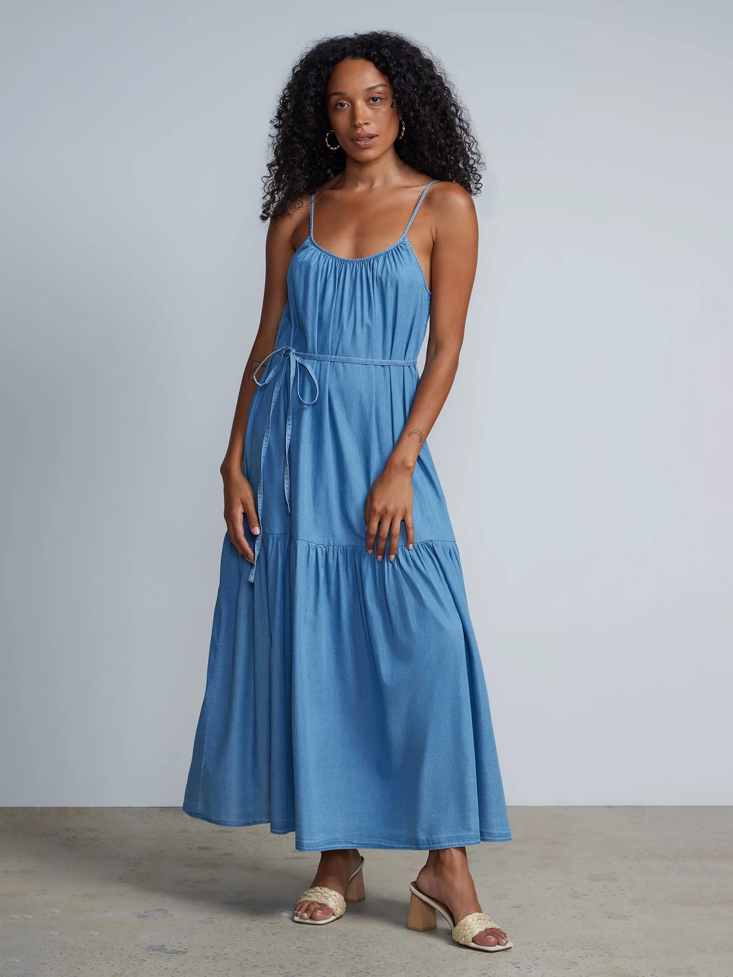 Tencel Tiered Waist-Tie Maxi Dress